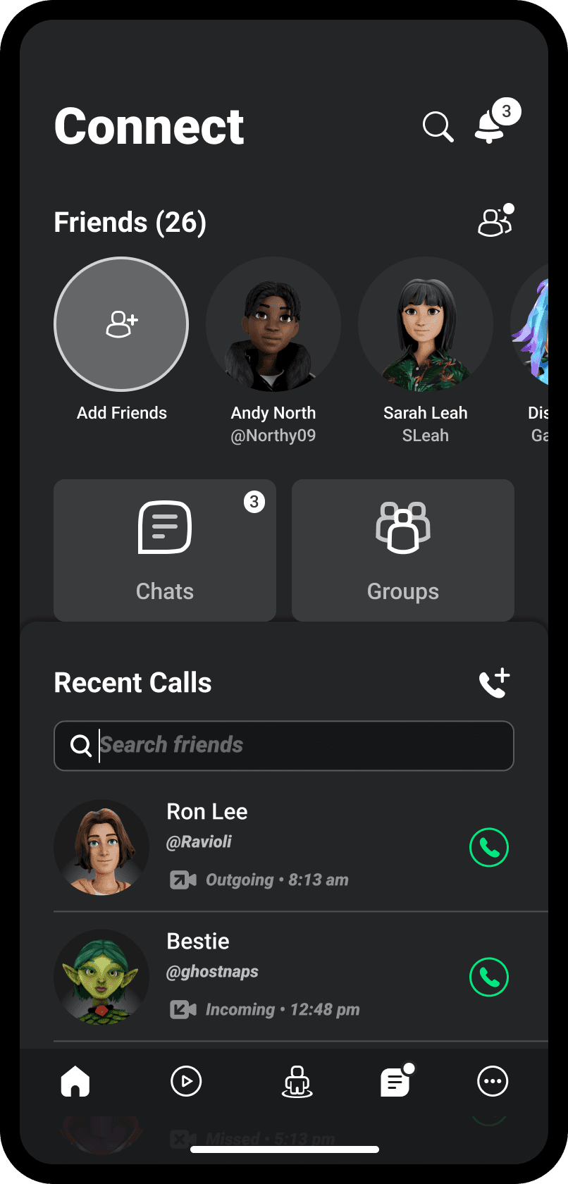 Connect home, chats and groups